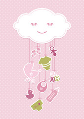 Babykarte Mädchen Wolke & Hängende Icons Punkte Rosa Olivgrün