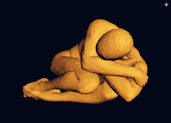 Man lying curl up on a floor. Man thinks about a problem. Time for reflection. Despair, depression, hopelessness or addiction concept. 3D vector illustration.