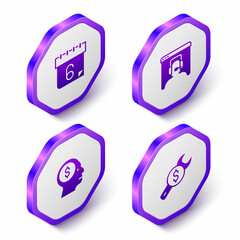 Set Isometric Calendar, Telephone 24 hours support, Business man planning mind and Repair price icon. Purple hexagon button. Vector