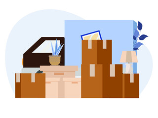 removal. A truck, boxes with things. Movement. Change of housing