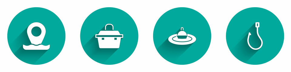 Set Location fishing, Case or box for equipment, Fishing float water and hook icon with long shadow. Vector