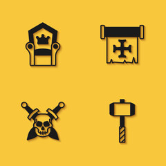 Set Medieval throne, Battle hammer, Skull with sword and Crusade icon with long shadow. Vector