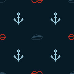 Set Nautical rope knots, Speedboat and Anchor on seamless pattern. Vector