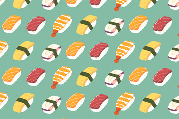 Isometric style illustration of Sushi pattern of green background. Japanese food. Different types of nigiri with Tuna, Salmon, Shrimp and Sweet egg. Pattern for food decoration. Flat vector.