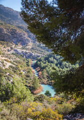 Royal Trail also known as "El Caminito Del Rey". Mountain path along steep cliffs in gorge Chorro, Malaga, Andalusia, Spain