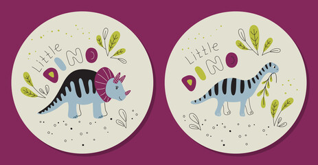 Different dinosaurs on a light background  - set of prints. Vector Print for kids, baby, children. Composition in a circle.