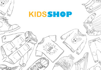 Kids fashion shop backgrounds. Hand drawn design sketch template banner. Vector illustration.