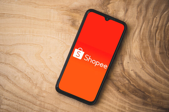 Shopee application on smartphone. Top angle shot. Shopee  a Singaporean multinational technology company which focuses on e-commerce