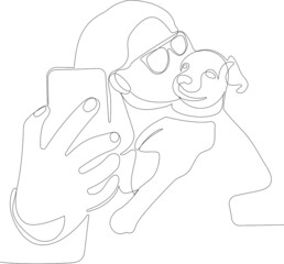 Continuous one line drawing of woman staying with her cute little dog she is taking a self portrait. Vector illustration. Minimal outline concept