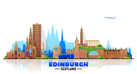 Edinburgh Scotland (UK) skyline with panorama in white background. Vector Illustration. Business travel and tourism concept with modern buildings. Image for banner or website.