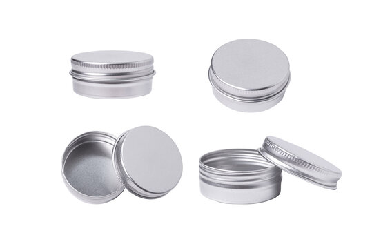 Set of silver tin metal boxes, cases. on white background