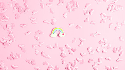 rainbow on the pink background with pink hearts. Different love concept