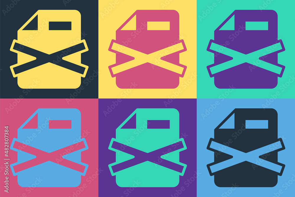 Poster pop art delete file document icon isolated on color background. rejected document icon. cross on pap