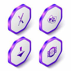 Set Isometric Crossed billiard cues, Bingo, Whirligig toy and Table football icon. Purple hexagon button. Vector