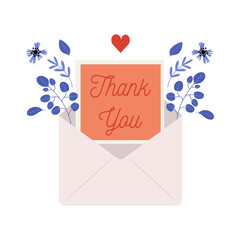 Thank you card template in envelope, decorated with flowers and heart, isolated vector illustration