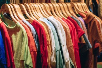 There are many different colored clothes are hanging on a hanger in a store, close up