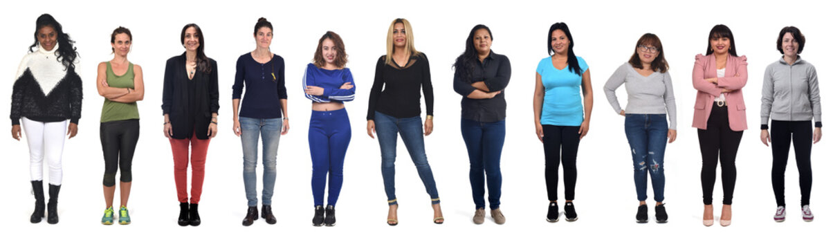 Front View Of A  Group Of A Women On White Background