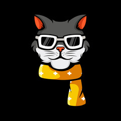 Illustration of cat wearing glasses and a scarf