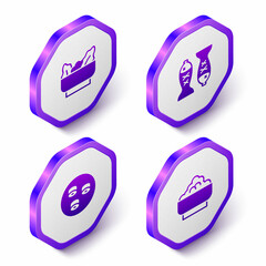 Set Isometric Wonton, Served fish a plate, Sushi and Rice in bowl icon. Purple hexagon button. Vector