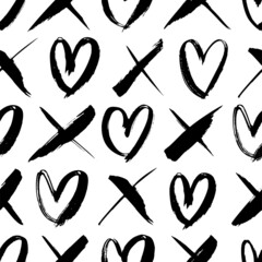 Phrase XO vector seamless pattern with hearts. Typography print for Valentine's day. Modern black brush calligraphy. Trendy texture with symbols of hearts and cross. Modern grunge background