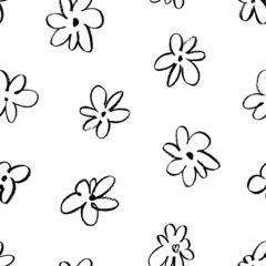 Wax crayon kid's hand drawn black flowers with leaves. Vector simple plant background. Modern floral print with daisy, ditsy or chrysanthemum. Children style wrapping paper, decorative design 