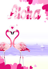Two flamingos in love with lettering Aloha and hearts on the background of the sea.  illustration for party invitation. Negative space trend.