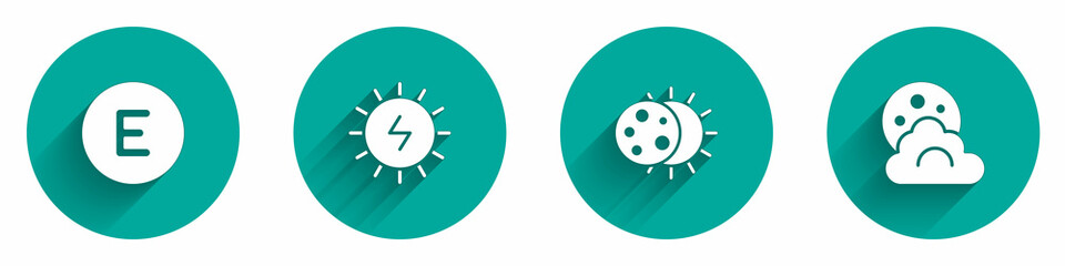 Set Compass west, Solar energy panel, Eclipse of the sun and Cloud with moon icon with long shadow. Vector