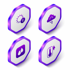 Set Isometric Sun, Cloud and lightning, Water drop and Thermometer icon. Purple hexagon button. Vector