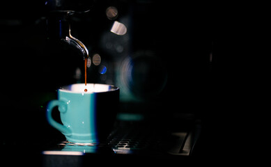 espresso shot. close up. with professional coffee portafilter machine