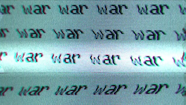 90s style concept, VHS retro look of many printed words "war" on the screen of an old TV or computer monitor. Glitch interference and chromatic aberration during TV broadcast. Threat of war, bad news