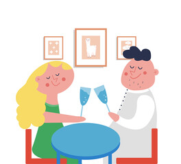 Cartoon couple in love on a romantic date in a restaurant or at home drink wine. Restaurant date. Vector illustration