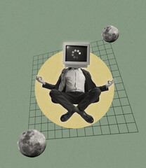 Contemporary art collage. Man, businessman in suit headed with retro computer sitting in yoga lotus...