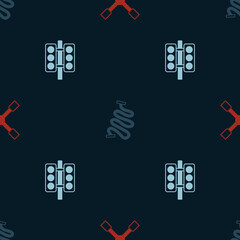 Set Wheel wrench, Racing track and traffic light on seamless pattern. Vector