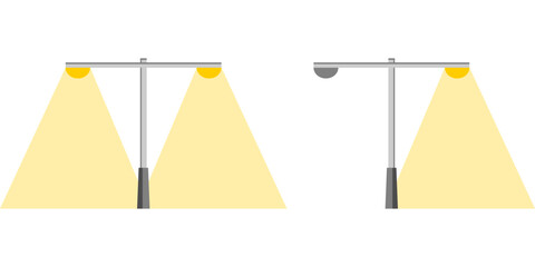 Electric streetlight bulb poles illuminated yellow light with broken worn-out streetlight pole power outage on white background flat vector icon design. - obrazy, fototapety, plakaty