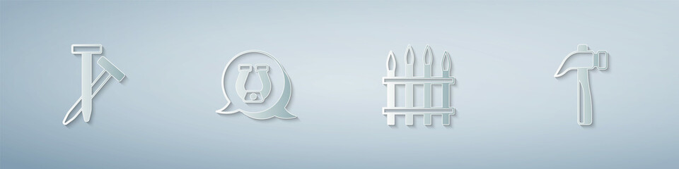 Set Metallic nails, Horseshoe, Classic iron fence and Hammer. Paper art style. Vector