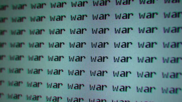 90s style concept, VHS retro look of many printed words "war" on the screen of an old TV or computer monitor. Glitch interference and chromatic aberration during TV broadcast. Threat of war, bad news