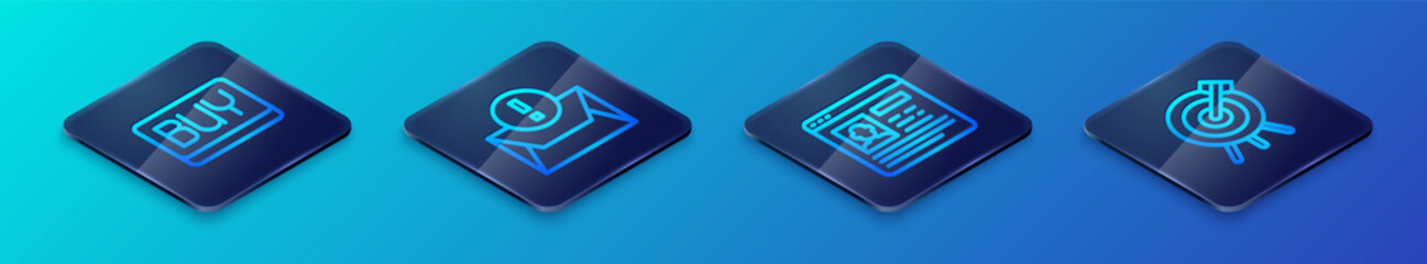 Set Isometric line Resume, Buy button, Target financial goal and Envelope icon. Vector