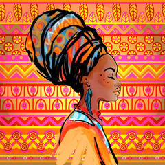 Portrait of beautiful African woman in turban (profile view) - obrazy, fototapety, plakaty
