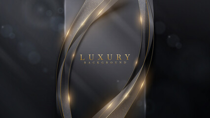 Black luxury background and square frame element with golden curve line decoration and glitter light effect with bokeh.