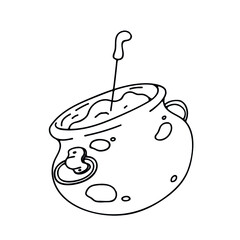 The logo of a medieval metal porridge pot. Isolated vector black line element. 