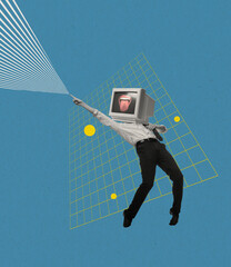 Contemporary art collage of man with retro computer, pc instead head dancing isolated over blue...