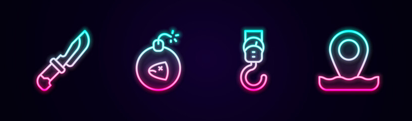 Set line Knife, Bomb, Spring scale and Location fishing. Glowing neon icon. Vector