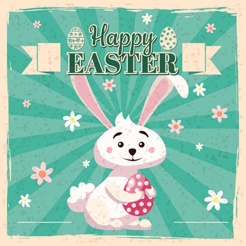 Happy Easter poster retro. Greeting card with rabbit, bunny, egg. Vector illustration vintage