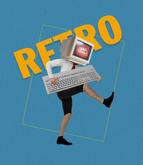 Contemporary art collage of man with retro computer, pc instead head running isolated over green background. 80s, 90s style