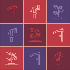Set line Scythe, Sprout and Garden hose icon. Vector