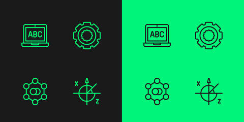 Set line Trigonometric circle, Molecule, Laptop and Gear icon. Vector