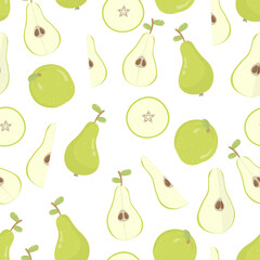 Fruit seamless pattern of pears with green foliage. Fresh tasty fruits. Background, wallpaper. for textile prints, posters or wrapping paper