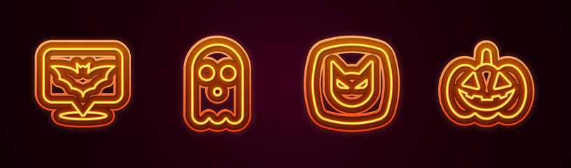 Set line Flying bat, Ghost, Black cat and Pumpkin. Glowing neon icon. Vector