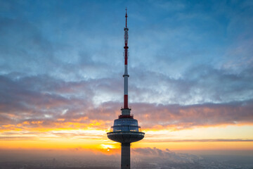 Aerial winter sunny morning sunrise view of Vilnius TV Tower, Lithuania