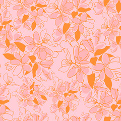 Hand drawn floral seamless pattern with blooming jasmine. Delicate colorful background.